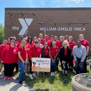 KeyBank volunteers shown in front of William-Emslie YMCA.