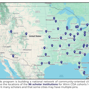 The Winn Awards program is building a national network of community-oriented clinical trialists. The map above shows the locations of the 96 scholar institutions for Winn CDA cohorts 1-5. Note that each pin may represent many scholars and that some cities may have multiple pins.