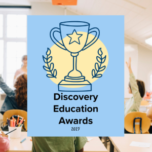 children in a class with "Discovery Education Awards" logo