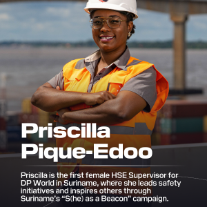 Priscilla Pique-Edoo wearing a hardhat and orange vest