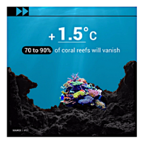 Coral reef image 1 with the text "Coral Reefs - every fraction of a degree matters" Coral reef image 2 with the text "+1.5degree 70-90% of coral reefs will vanish" Coral reef image 3 with the text "+2degrees 99% of coral reefs will vanish"