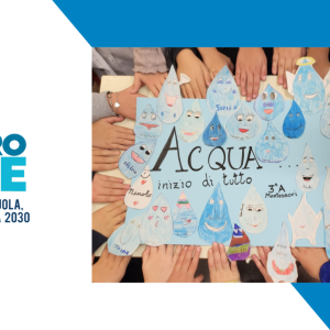 Water sign in Italian with many hands surrounding it