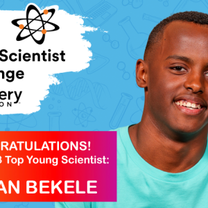headshot of Heman Bekele on a blue background with the text "CONGRATULATIONS! to our 2023 Top Young Scientist: HEMAN BEKELE"