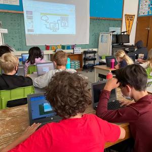 a classroom of students sitting in pairs, each on an electronic device. A lesson projected on the screen at the front of the room.