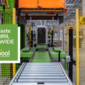 Image of a manufacturing site with a logo that reads "Zero Waste to Landfill WORLDWIDE"