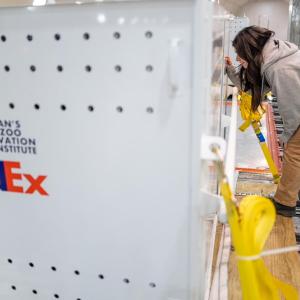 Person writes on FedEx crate