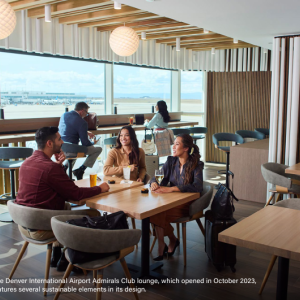 The Denver International Airport Admirals Club lounge, which opened in October 2023,  features several sustainable elements in its design.
