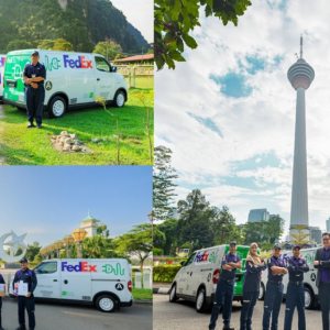 Collage of FedEx employees next to vehicles
