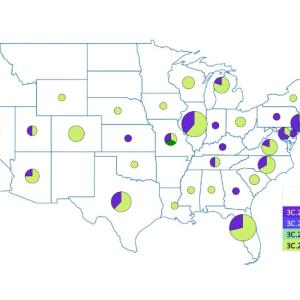 A map of the United States showing the geographic distribution of Influenza A virus (H3N2) detections. The viral clades detected in each state are shown as pie charts scaled by the number of H3N2 detections in that state.