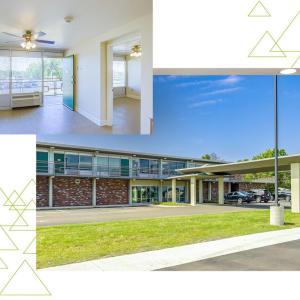 Collage of interior and exterior of the apartments.