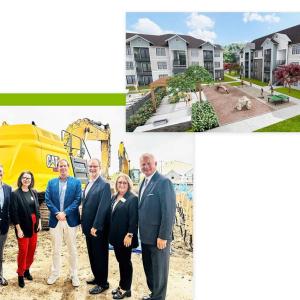 Two images: a digital rendering of the finished housing project, and a large construction machine behind a group of six posed people.