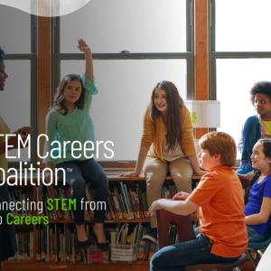 A teacher and students with text: STEM Careers Coalition