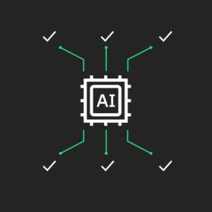 abstract image of computer chip with AI on it and 'wires' coming off of it with check marks