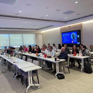 A group seated at tables in a conference room. One speaking in front.