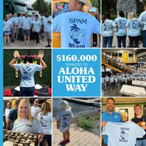 Collage of eight photos surrounding a central "$160,000 Donated to Aloha United Way". Images of people wearing a light blue shirt with "SPAM Maui" on the back.