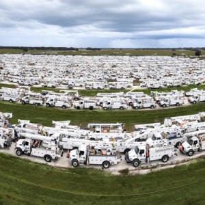 Wide angle view of Duke Energy vehicles