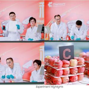 A collage of four images of people in protective lab gear doing an experiment with apples.