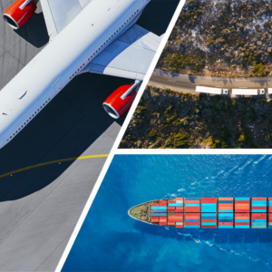 composite image of a plane, trucks, and a shipping container