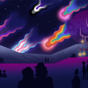 original art work, a night sky in a park setting, many couples and people seen as black silhouettes. Comets of different LGBTQ+ colors in the sky