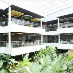 A large building interior with central green space.