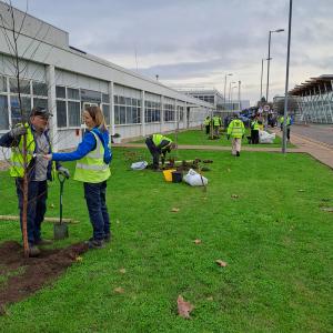Volunteers planting trees next to a building