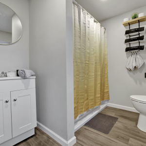 Bathroom of up-cycled shipping container rental at ekō Outpost properties