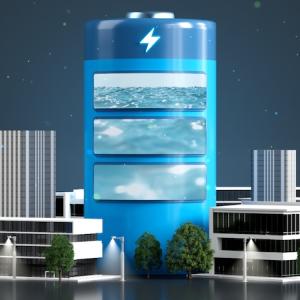 drawing of very large battery next to smaller buildings