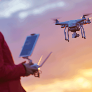 Flying a drone at sunset