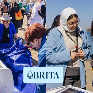 Two images of volunteers on a beach collecting waste from the robot and talking together. Brita logo central.