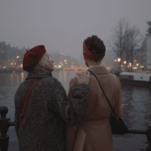 Two people talking while looking out at water