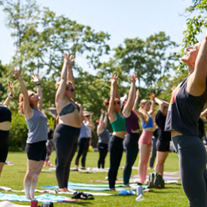 A group of people stretching in a park setting