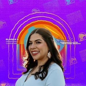 Blanca V operations consultant, a colorful background with taco bell logos.