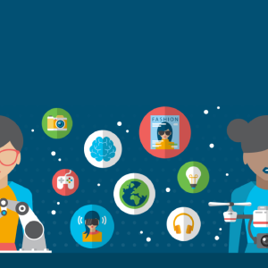 stylized graphic of women in STEM careers