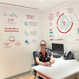 A person sitting at a desk in an office. A large informative mural on the wayy "The benefits of donating blood"