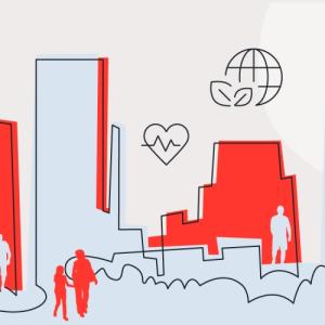 abstract image of silhouettes in front of a city skyline in light blue and orange. icons in the sky above the buildings representing different medical and safety symbols