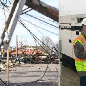 two images, left two people walking arms around each other through debris, fallen power lines. Right  two workers stand beside a generator