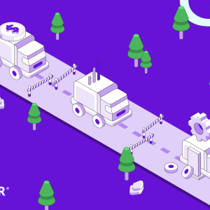 On a purple background, three illustrated trucks symbolizing labor costs, fleet wear and tear, and fuel spend drive on a light purple road. 