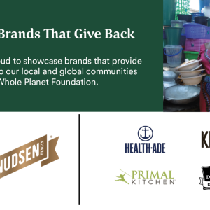 "Shop brands that give back" a photo of a person holding bowls with stacks of containers behind them. 5 logos of brands mentioned in the article below.