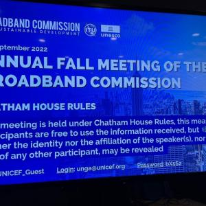 Presentation on a large screen "Annual fall meeting of the broadband commission" Chatham house rules.