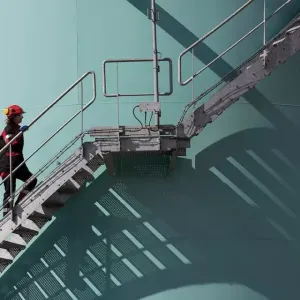 person walking up steps outside a building