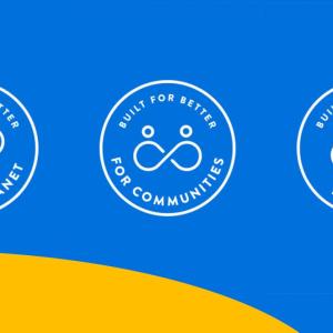 Yellow and blue background with three circles. Built for better for the planet. Built for better for communities. Built for better for you.