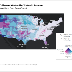 Know today's risks and whether they'll intensify tomorrow: Baseline Burn Probability vs. Future Charge (percent) - map of USA