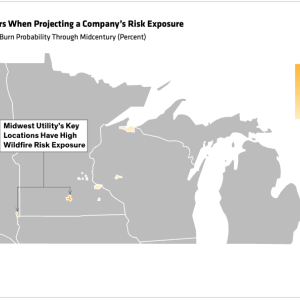 Location matters when projecting a company's risk exposure - Change in Wildfire Burn Probability through Midcentury (Percent) - several northern states shown