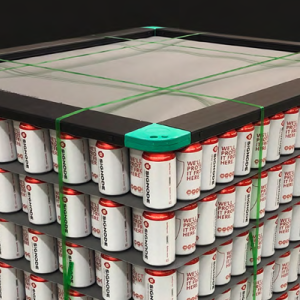 A pallet of aluminum cans strapped together