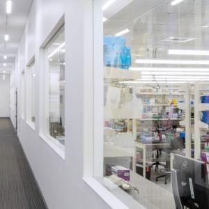 Case Study lab with large windows and hallway outside it, colorful art on the walls.