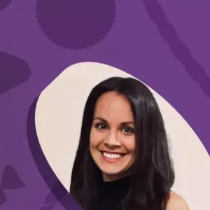 Three separate headshots on a purple background 