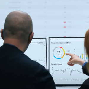 two people examining computer screens