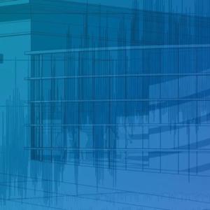 A blueprint type sketch of the exterior of a building with outlines of people.