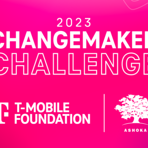On a pick background "2023 Changemaker challenge" and TMobile foundation logo