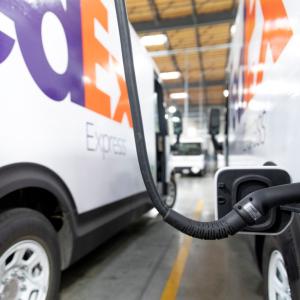 Close up of charging a FedEx electric vehicle